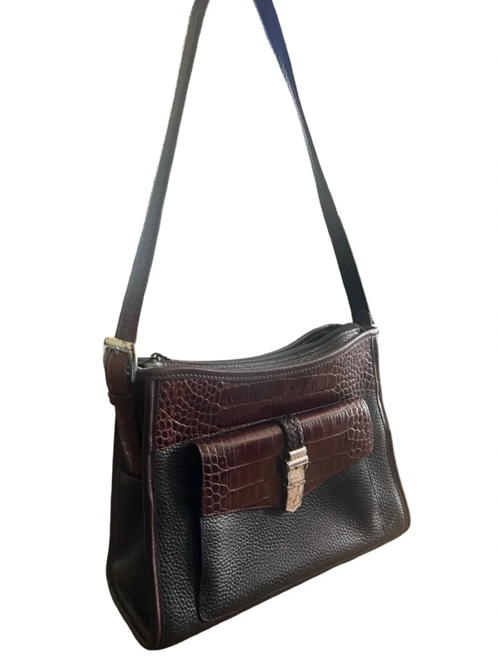 Brighton Collection Buckle Shoulder Bag Black and Tan with Croc Embossed Accents - Picture 5 of 15